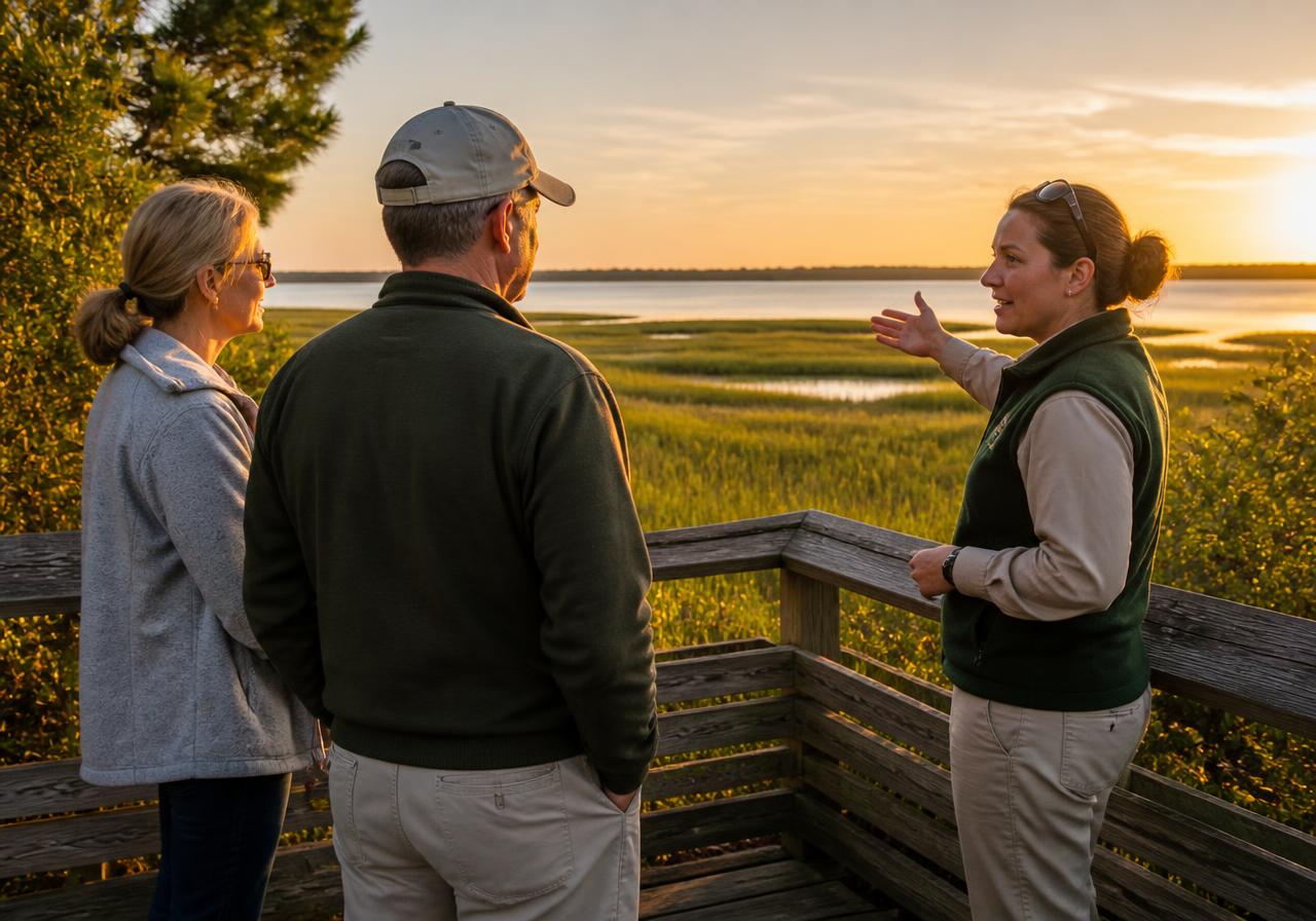 A park steward talking with two visitors at a boardwalk overlook above a tidal marsh at golden hour