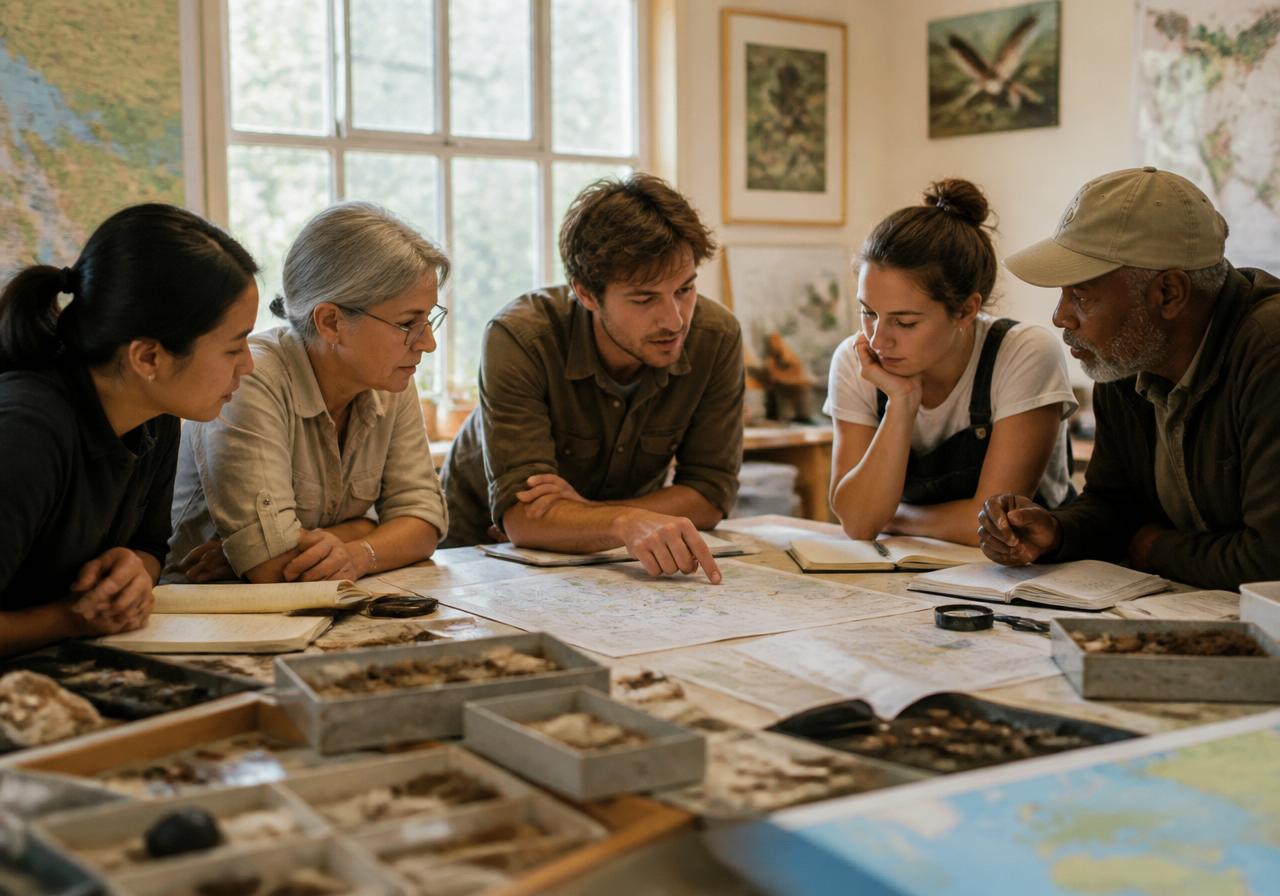 Educators and a field scientist planning together around a table of maps, notebooks, and specimen trays