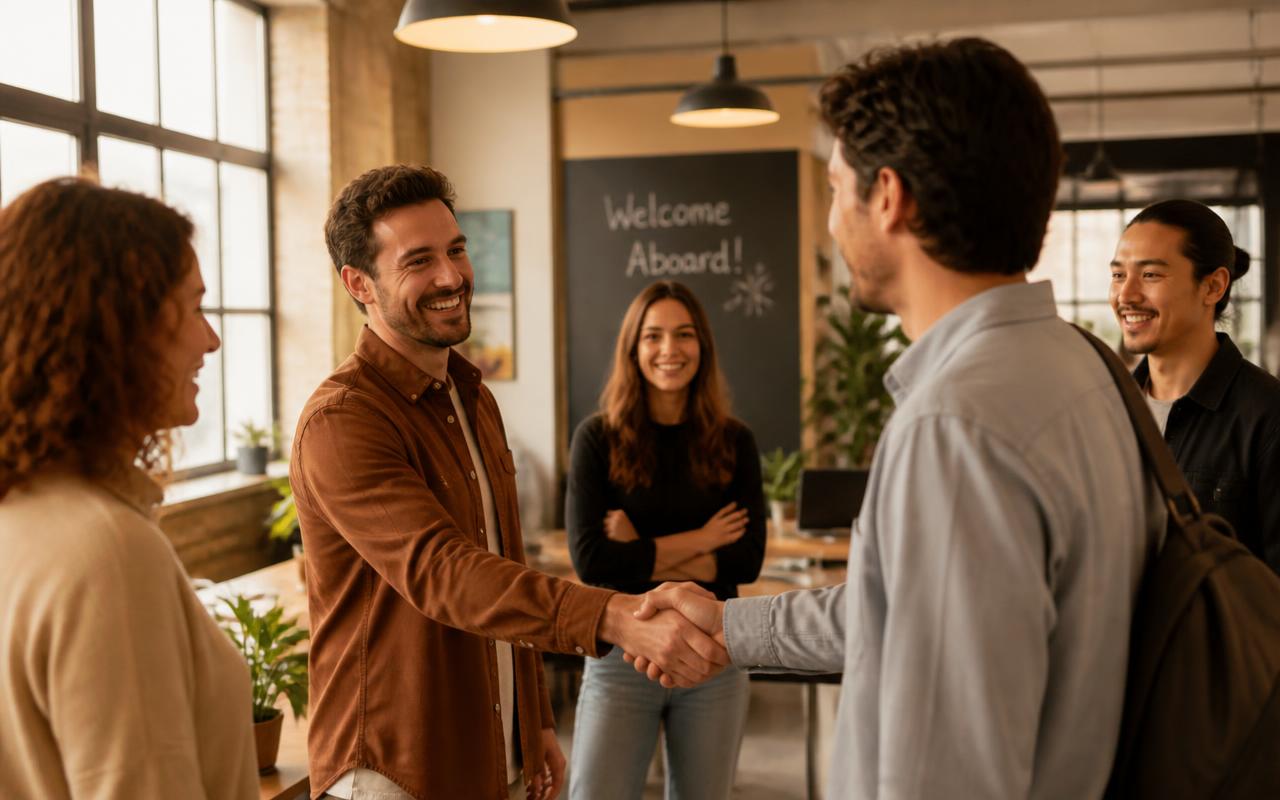A new employee being warmly welcomed with a handshake by a small team