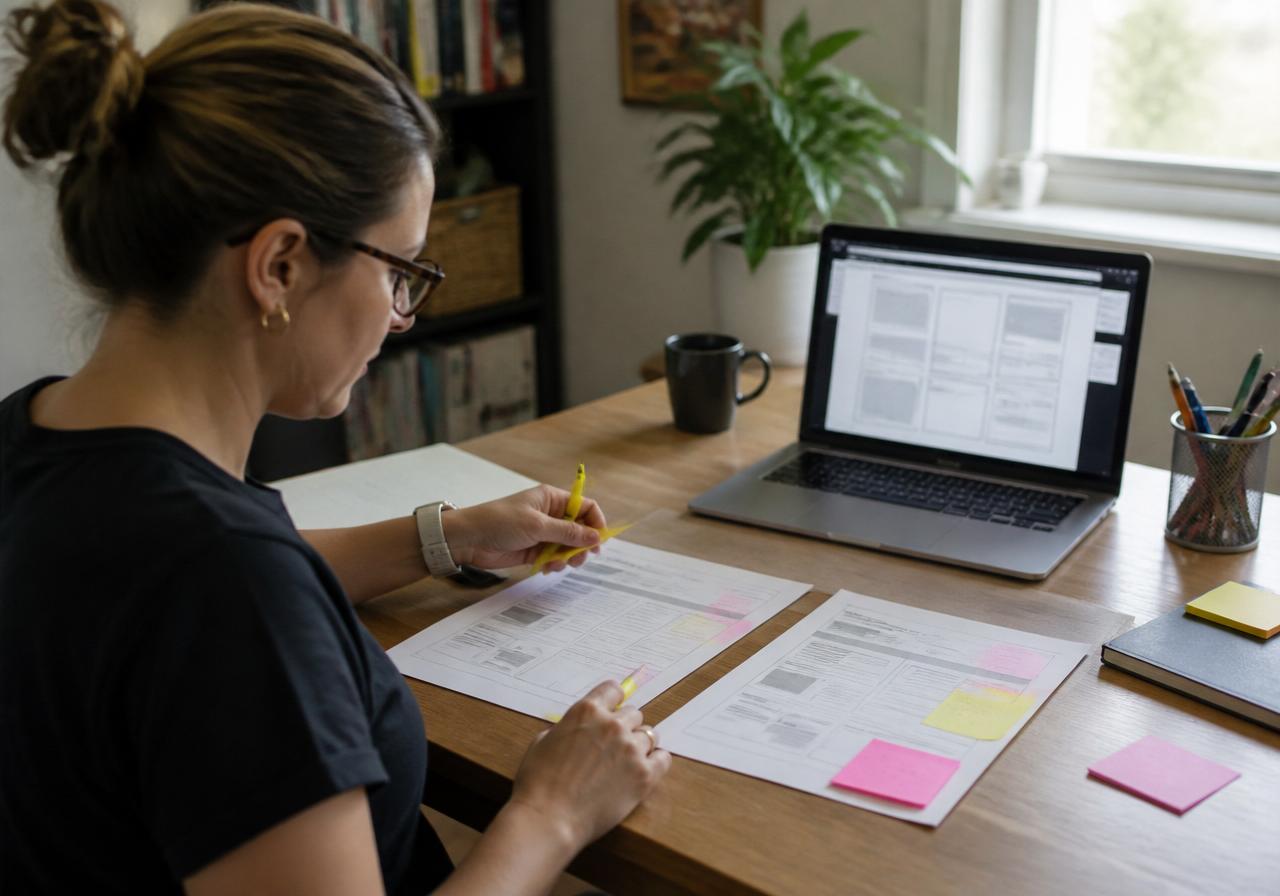 An instructional designer comparing two printed course outlines side by side with a highlighter
