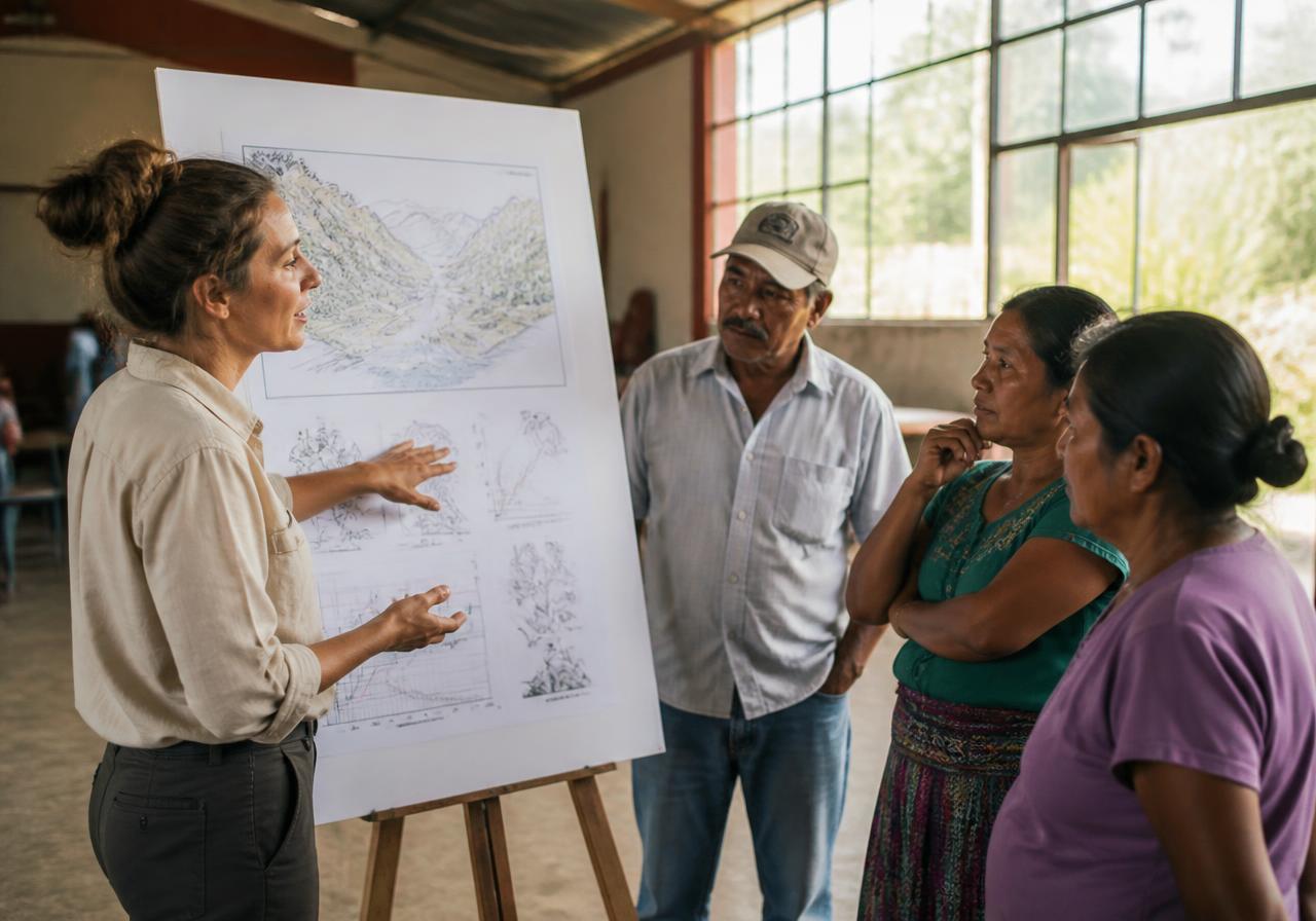 A field ecologist explaining her research from a simple printed diagram to community members in a sunlit hall