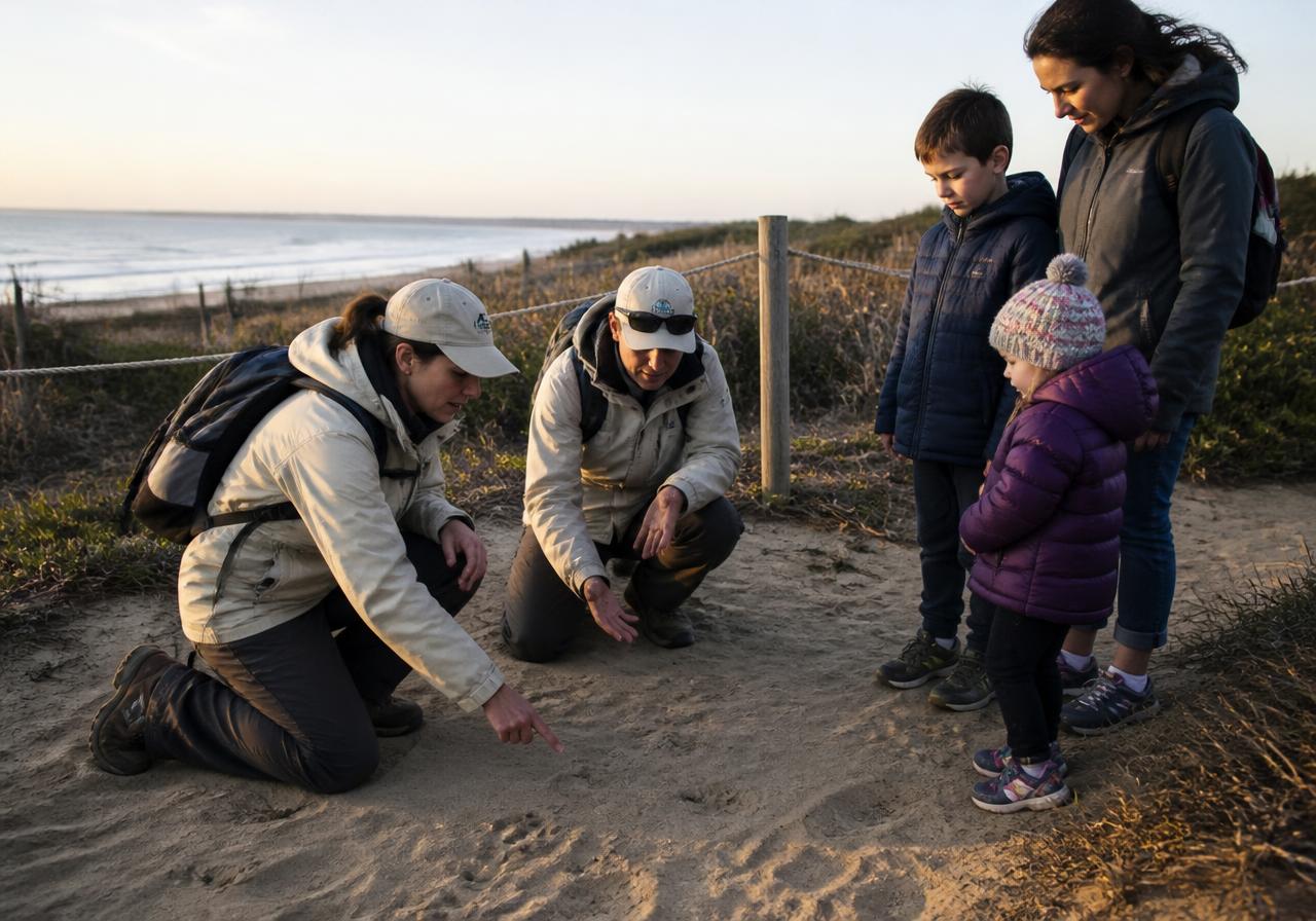 Two volunteers showing a family shorebird tracks beside a protective rope fence on a coastal dune