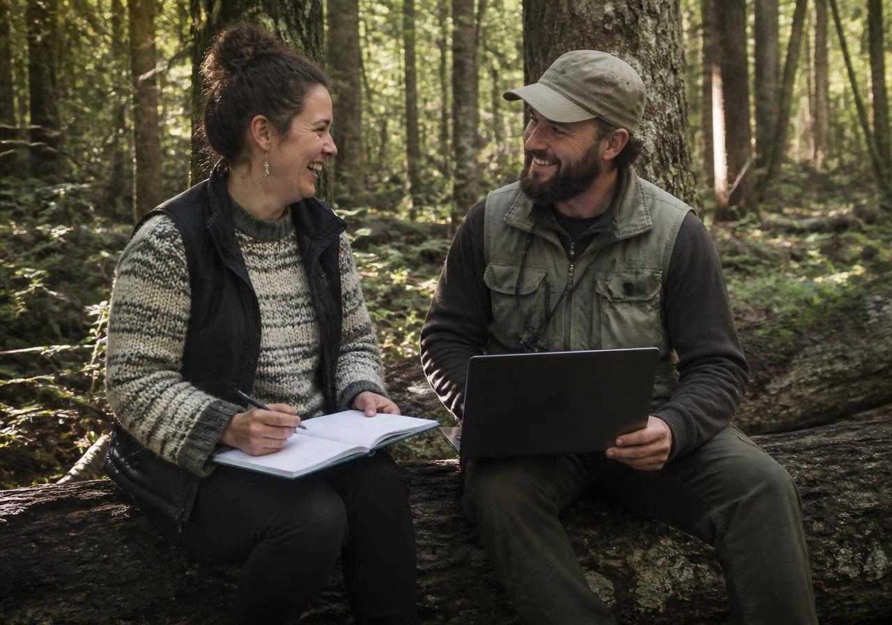 A teacher and a field researcher comparing notes on a fallen log in a northern forest